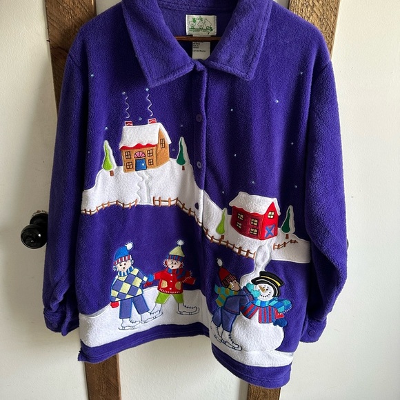 Quacker Factory Christmas Sweater Jacket XL Purple Cardigan Snowman Button Down - Picture 15 of 16
